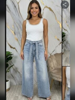 High-Waist Wide Leg Tie-Belt Rhinestones Both Sides Jeans